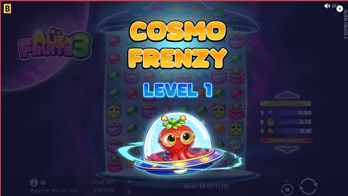 Interface do jogo Alien Fruits 3 com grid de 8x8 e temática espacial neon