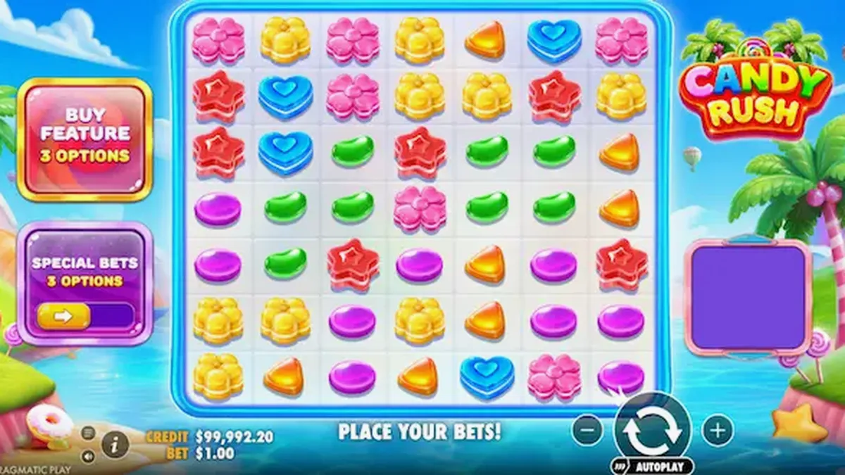 Interface colorida e vibrante do slot Candy Rush com elementos de doces tropicais