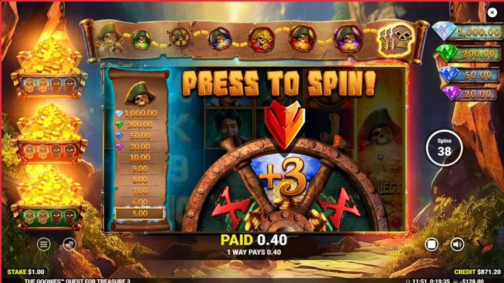 Tela de jogo do caça-níqueis The Goonies Quest for Treasure 3 com elementos temáticos de piratas.