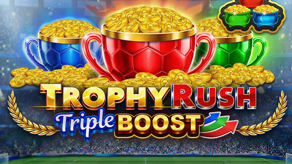 Interface do jogo de slot Trophy Rush Triple Boost com moedas douradas